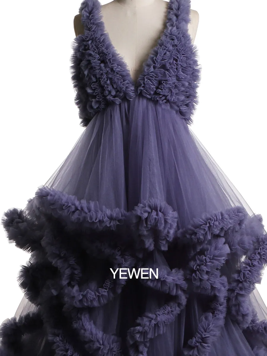 Deep V-neck Tull Full Ruffles Backless Cloud Dress Materning Dress for Photoshoot