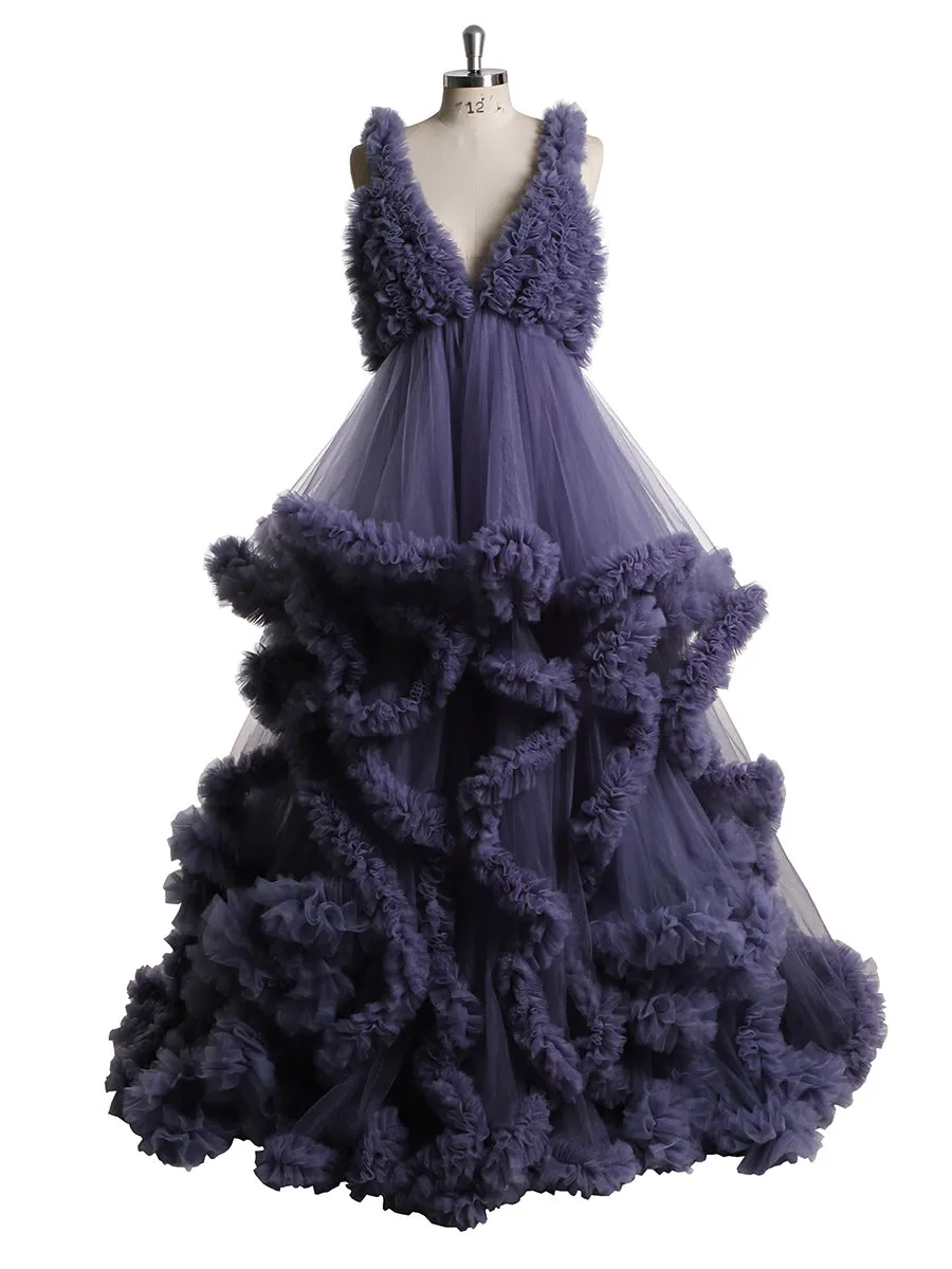 Deep V-neck Tull Full Ruffles Backless Cloud Dress Materning Dress for Photoshoot