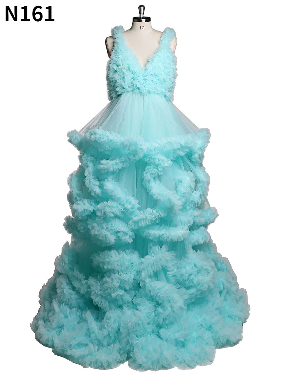 Deep V-neck Tull Full Ruffles Backless Cloud Dress Materning Dress for Photoshoot