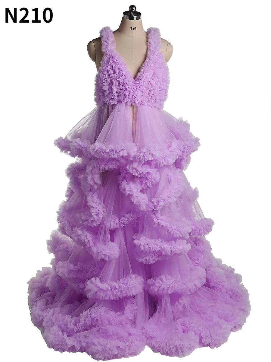 Deep V-neck Tull Full Ruffles Backless Cloud Dress Materning Dress for Photoshoot