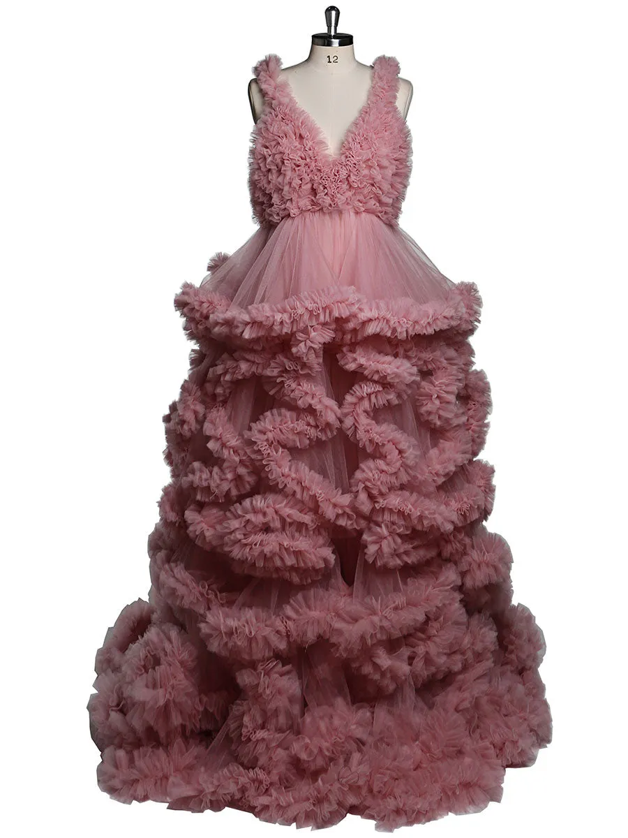 Deep V-neck Tull Full Ruffles Backless Cloud Dress Materning Dress for Photoshoot