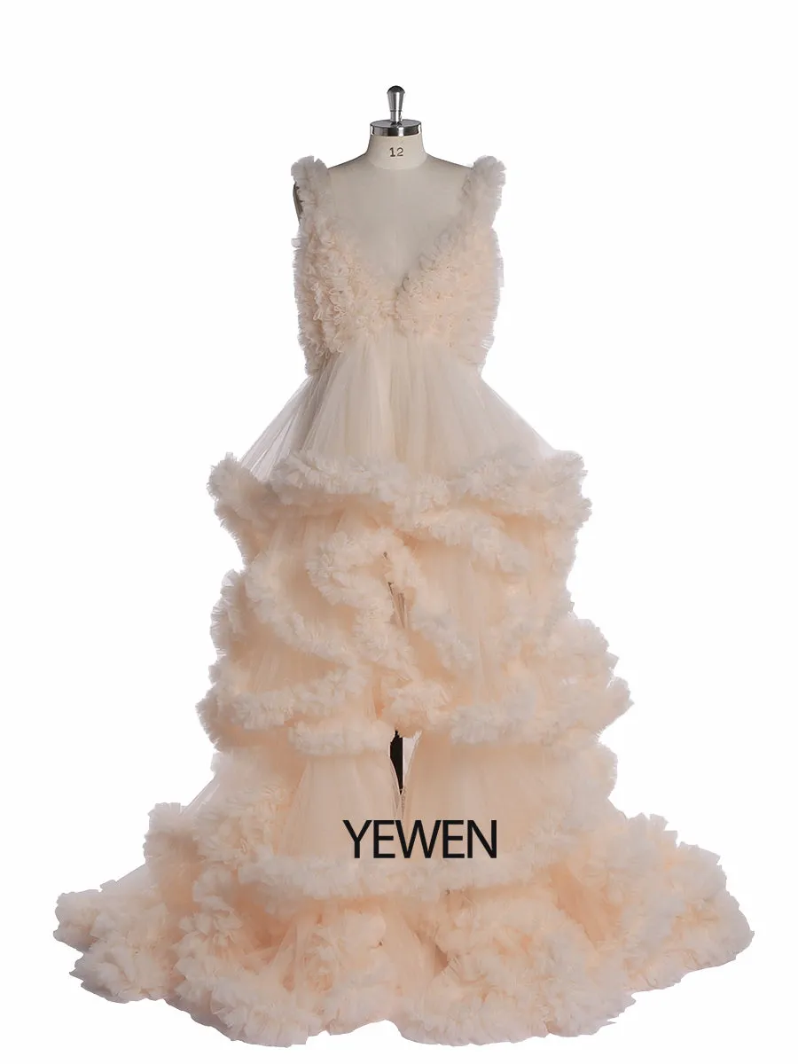 Deep V-neck Tull Full Ruffles Backless Cloud Dress Materning Dress for Photoshoot