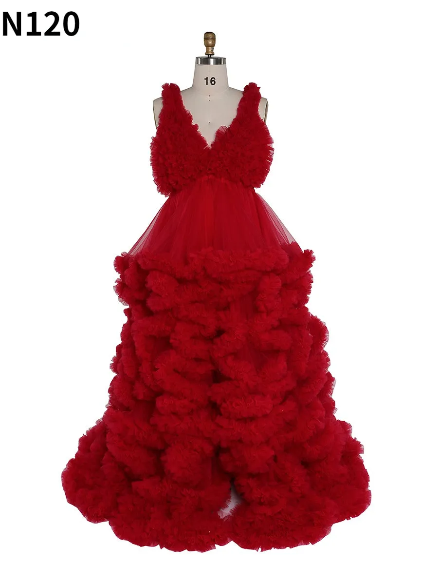 Deep V-neck Tull Full Ruffles Backless Cloud Dress Materning Dress for Photoshoot
