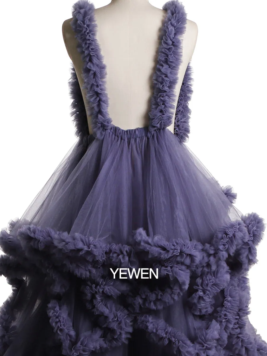 Deep V-neck Tull Full Ruffles Backless Cloud Dress Materning Dress for Photoshoot