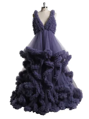Deep V-neck Tull Full Ruffles Backless Cloud Dress Materning Dress for Photoshoot