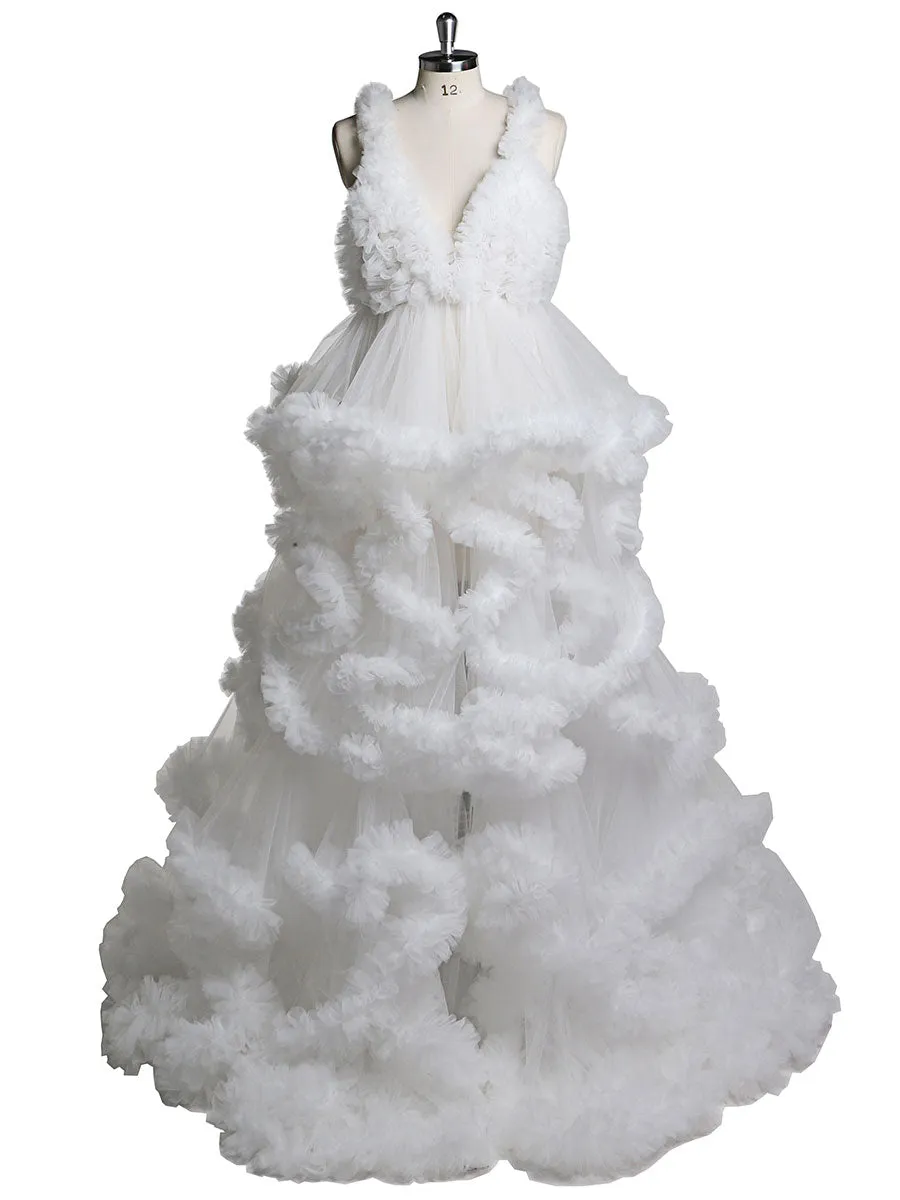 Deep V-neck Tull Full Ruffles Backless Cloud Dress Materning Dress for Photoshoot