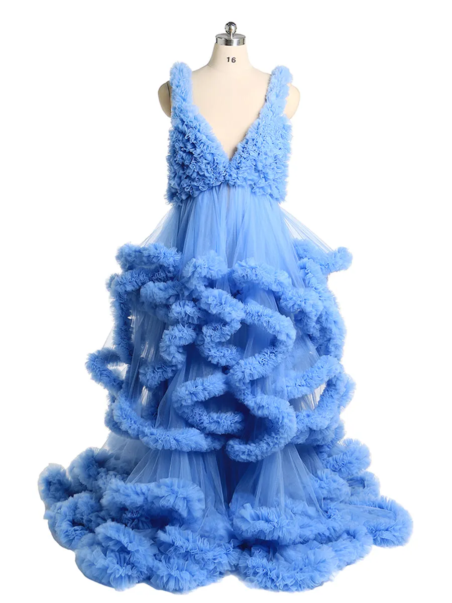 Deep V-neck Tull Full Ruffles Backless Cloud Dress Materning Dress for Photoshoot