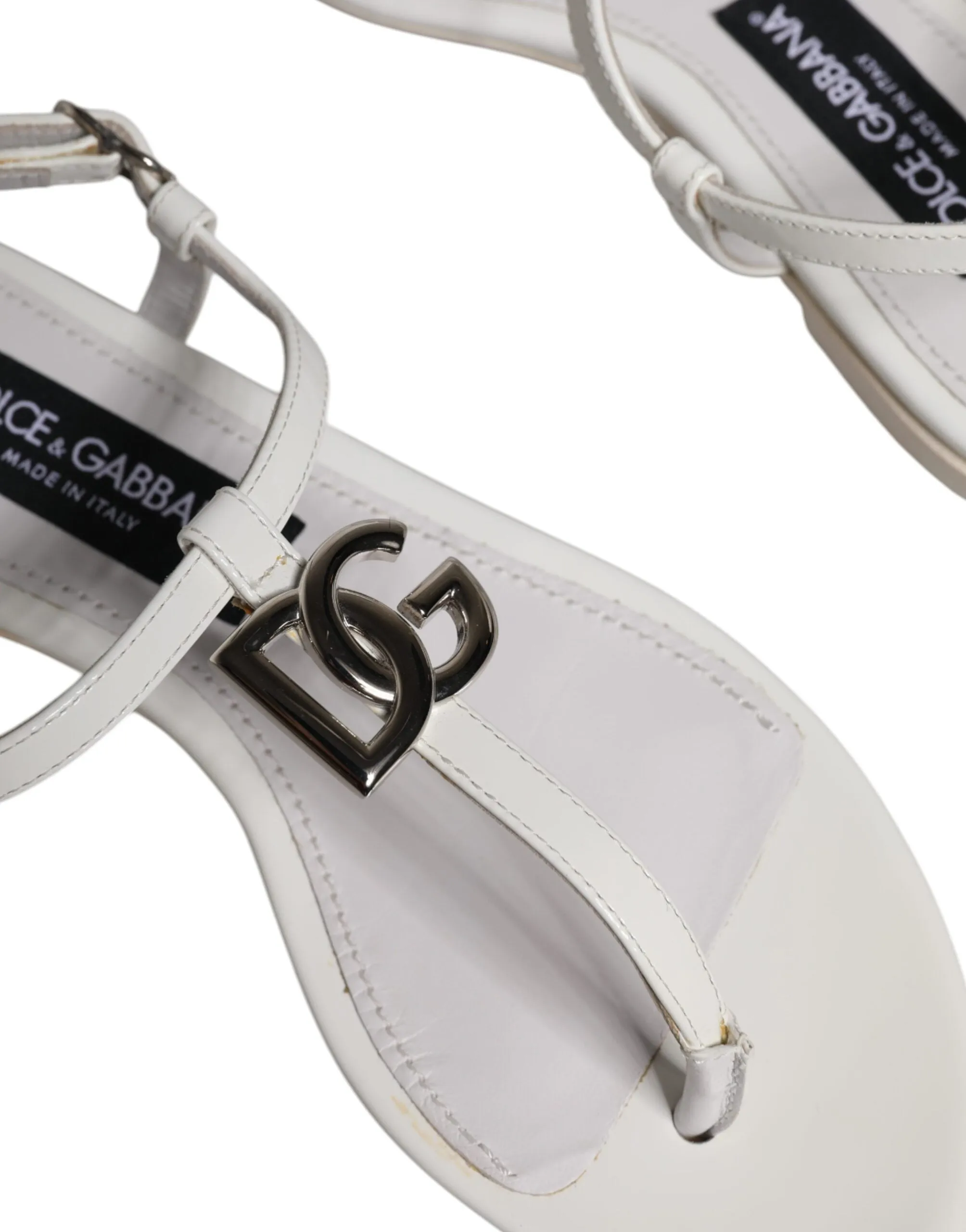 Dolce & Gabbana White Leather Logo Ankle Strap Sandals Shoes
