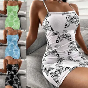Dress Women's Spring and Summer Sexy Slim Print Dress Suspender Skirt