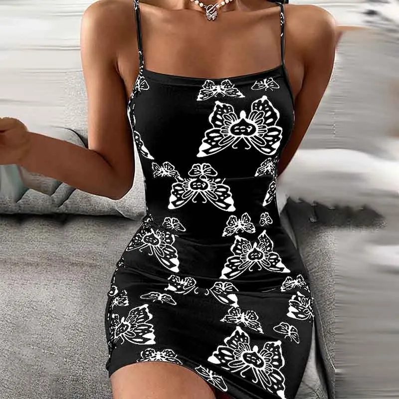 Dress Women's Spring and Summer Sexy Slim Print Dress Suspender Skirt