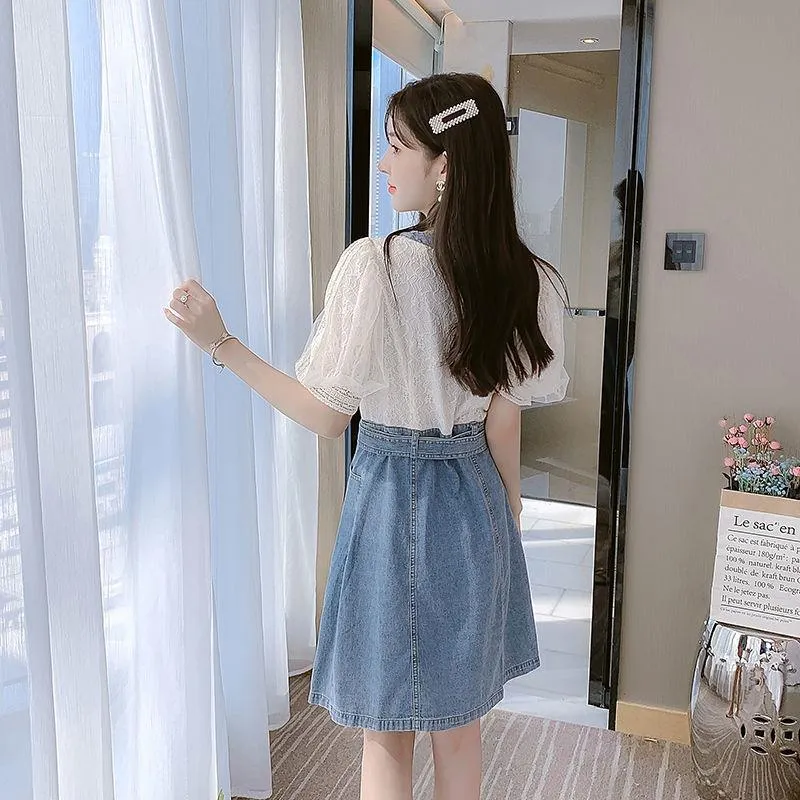 Dress Women's Summer Style European Station Fashion Waist Stitching Denim Skirt