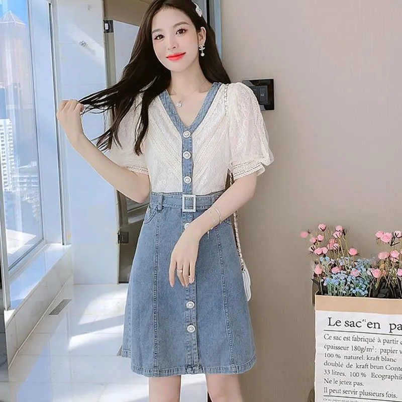 Dress Women's Summer Style European Station Fashion Waist Stitching Denim Skirt