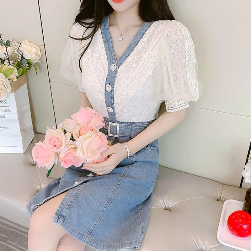 Dress Women's Summer Style European Station Fashion Waist Stitching Denim Skirt