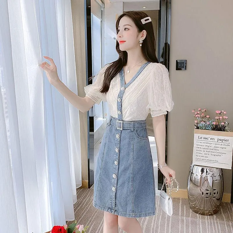 Dress Women's Summer Style European Station Fashion Waist Stitching Denim Skirt