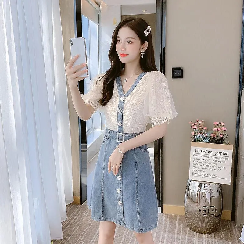 Dress Women's Summer Style European Station Fashion Waist Stitching Denim Skirt