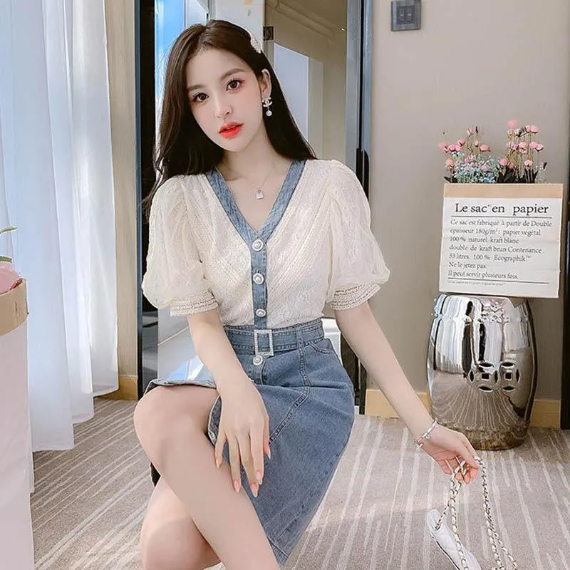 Dress Women's Summer Style European Station Fashion Waist Stitching Denim Skirt