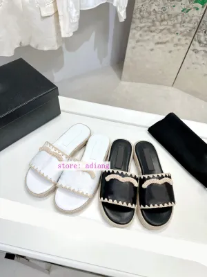 embroidery leather lining slippers fashion flats 2023 summer black white high quality