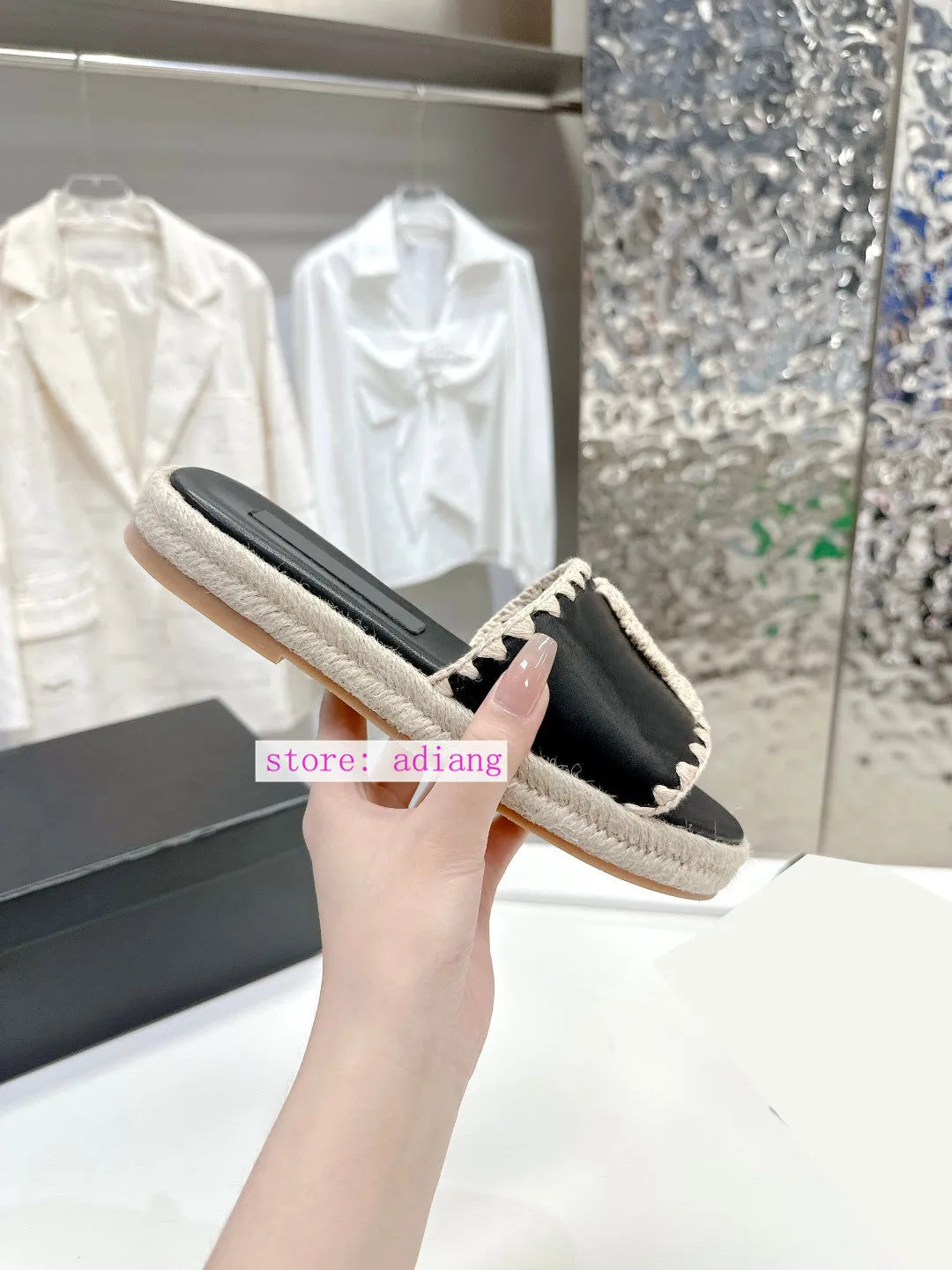 embroidery leather lining slippers fashion flats 2023 summer black white high quality