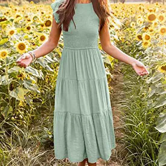 European and American Dress Women's Flying Sleeves Pleated Layered Short-sleeved Large Swing Solid Color Dress