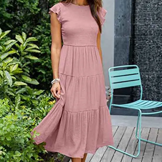 European and American Dress Women's Flying Sleeves Pleated Layered Short-sleeved Large Swing Solid Color Dress