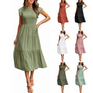 European and American Dress Women's Flying Sleeves Pleated Layered Short-sleeved Large Swing Solid Color Dress