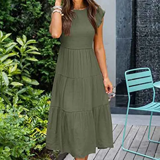 European and American Dress Women's Flying Sleeves Pleated Layered Short-sleeved Large Swing Solid Color Dress