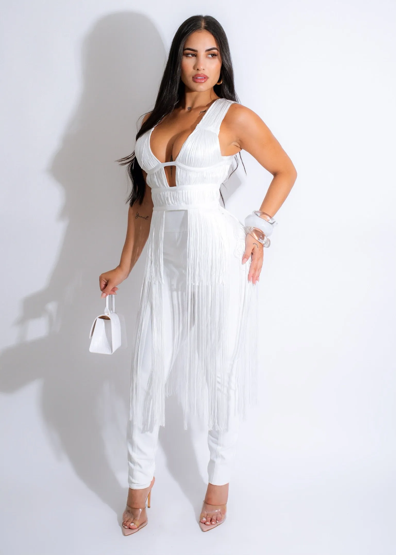 Exclusive Bandage Fringe Pant Set White