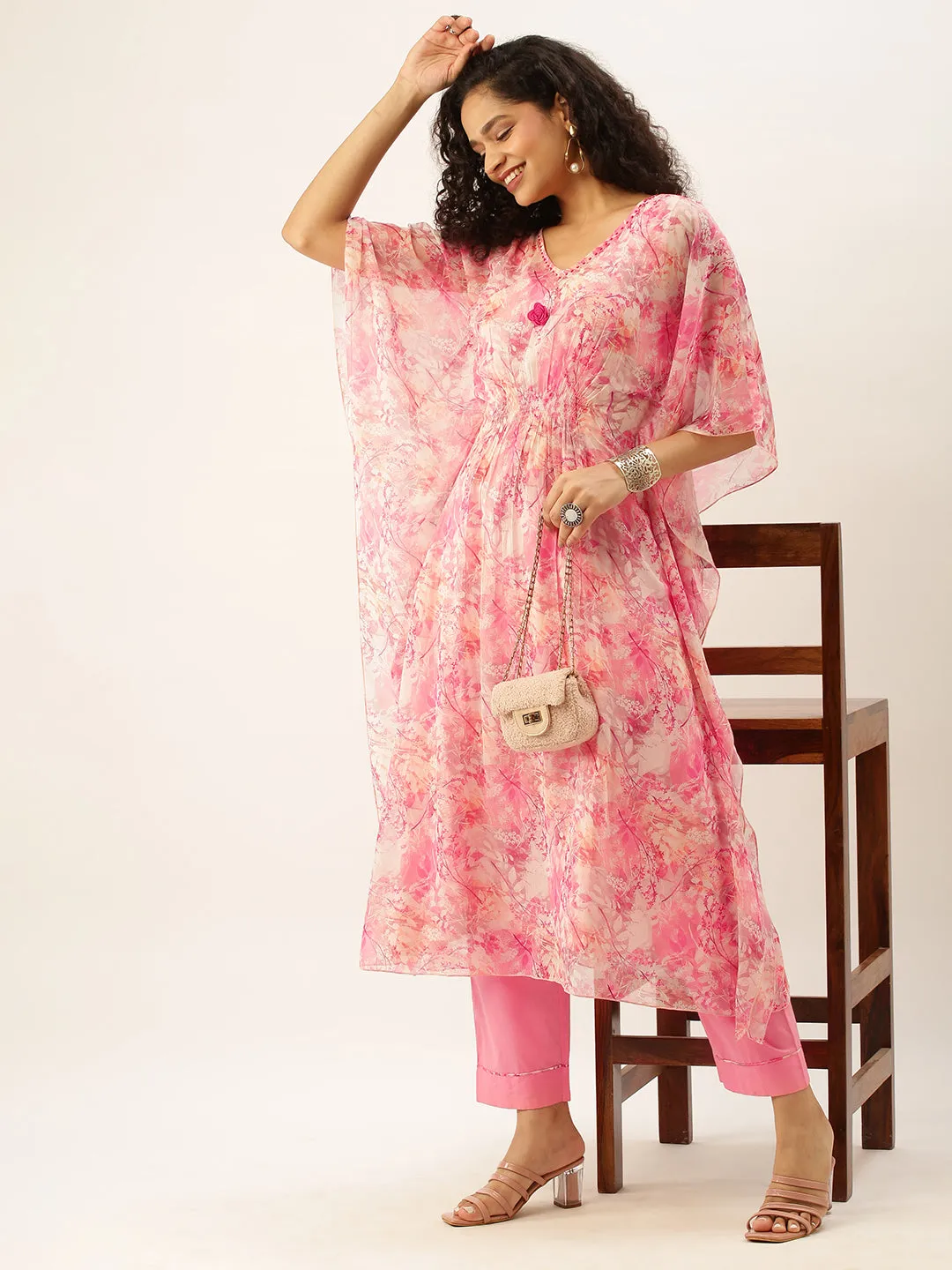 Exclusive V neck Georgette All Over Floral n Funa Print Pink Loose fit Kaftan Set For Women - ZOLA