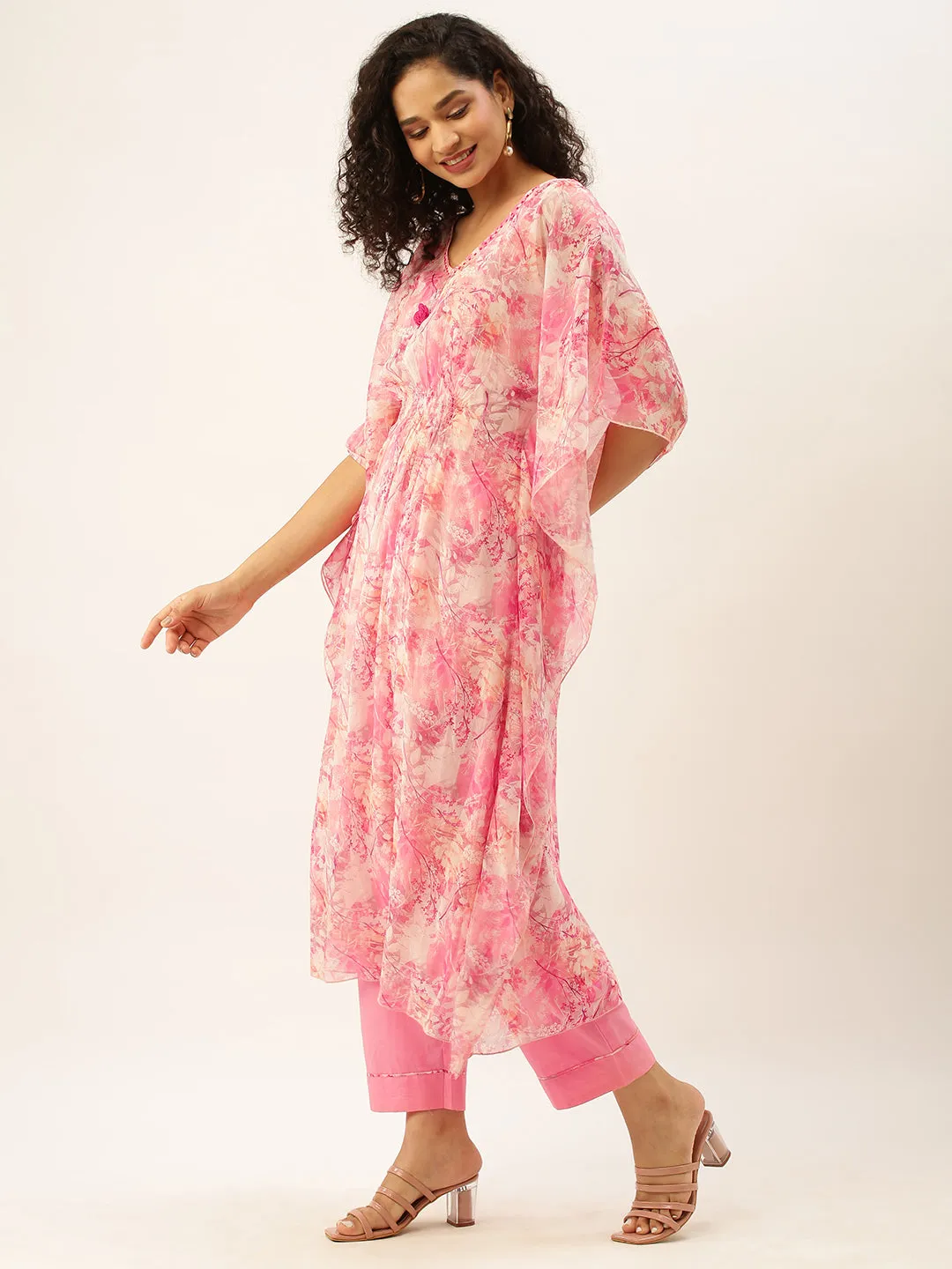 Exclusive V neck Georgette All Over Floral n Funa Print Pink Loose fit Kaftan Set For Women - ZOLA