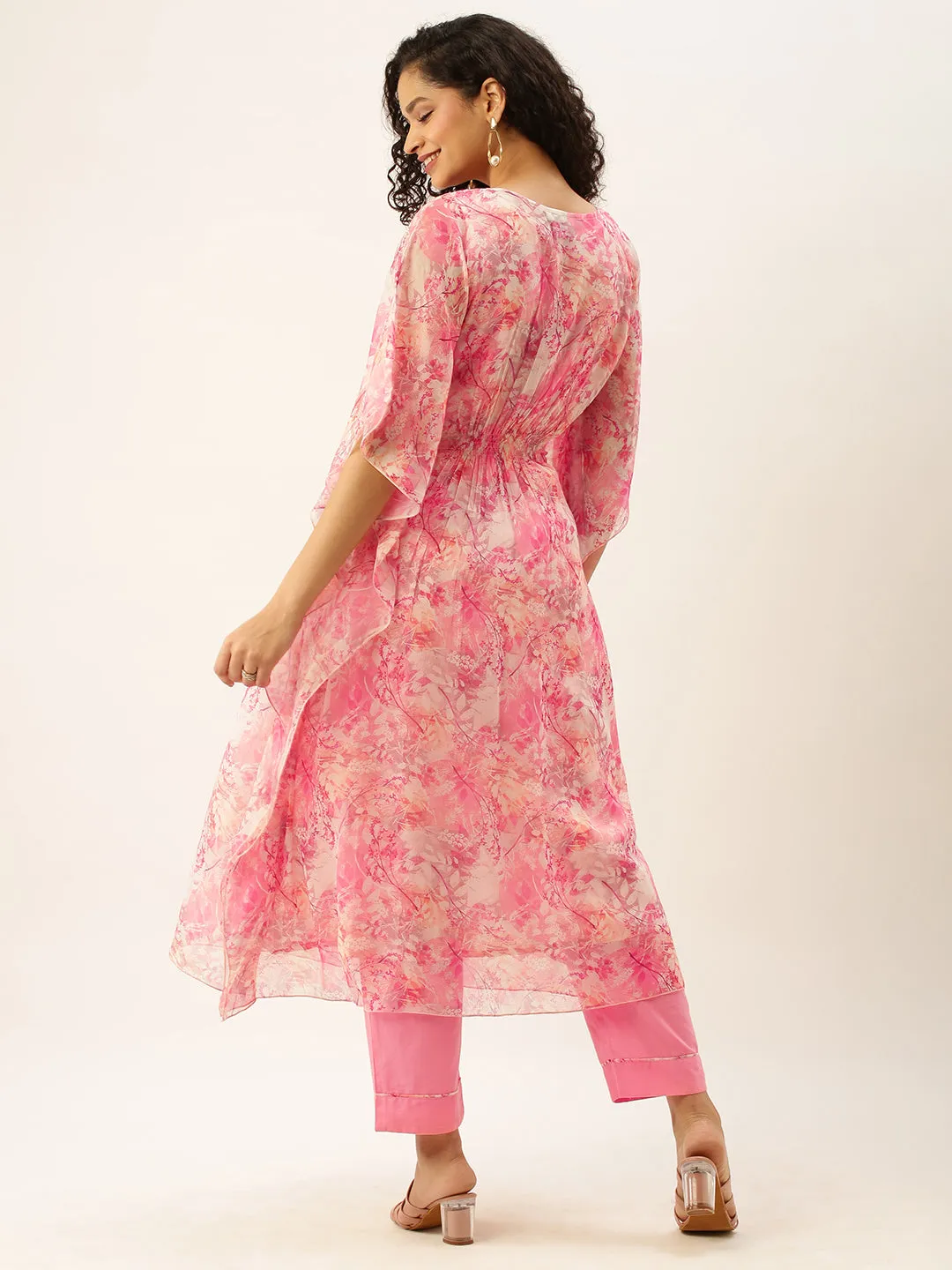 Exclusive V neck Georgette All Over Floral n Funa Print Pink Loose fit Kaftan Set For Women - ZOLA