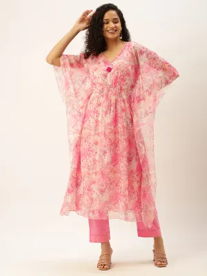 Exclusive V neck Georgette All Over Floral n Funa Print Pink Loose fit Kaftan Set For Women - ZOLA