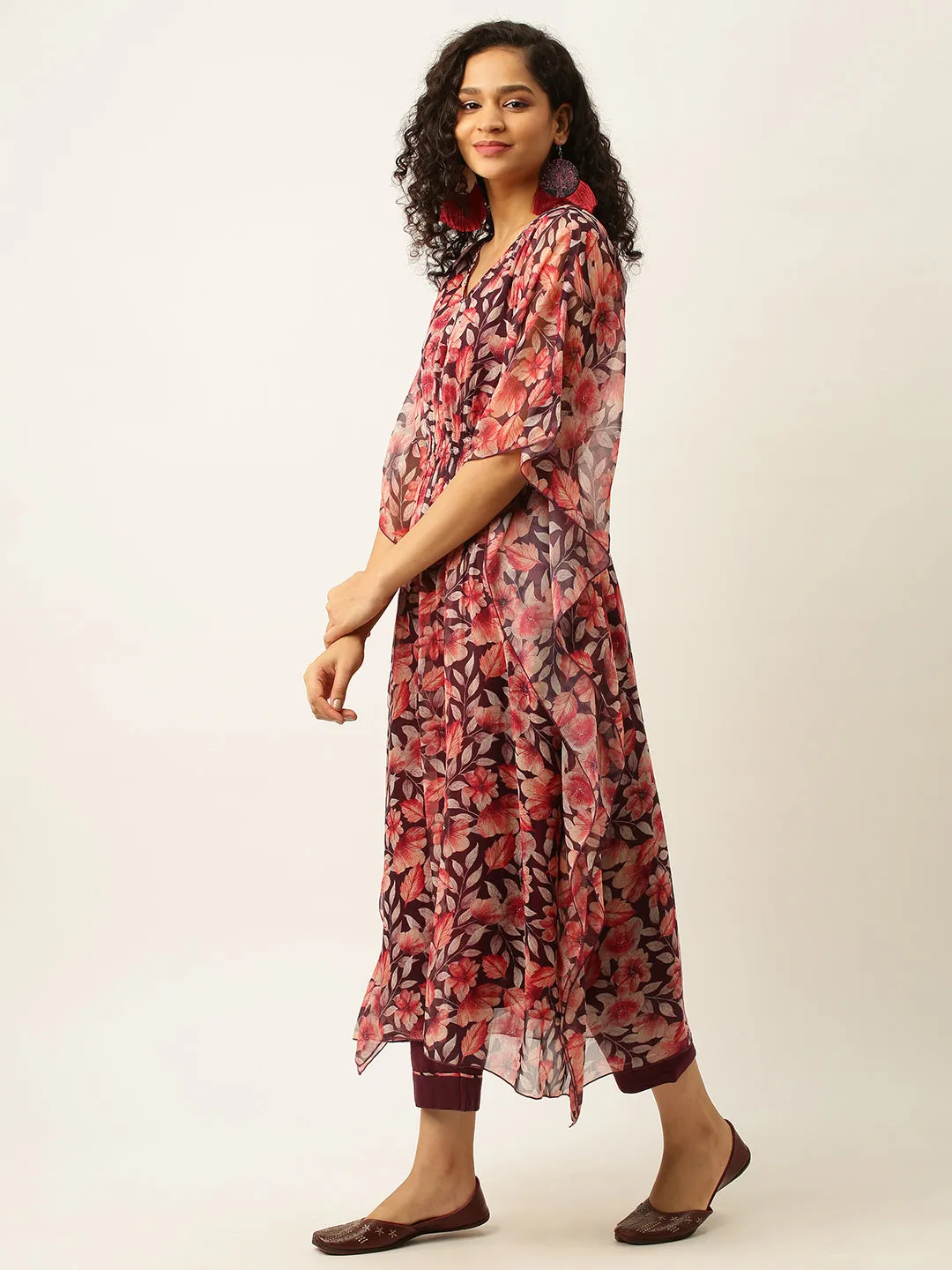 Exclusive V neck Georgette All Over Floral Print Multi Color Loose fit Kaftan Set For Women - ZOLA