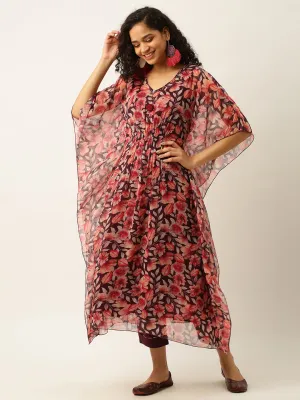 Exclusive V neck Georgette All Over Floral Print Multi Color Loose fit Kaftan Set For Women - ZOLA