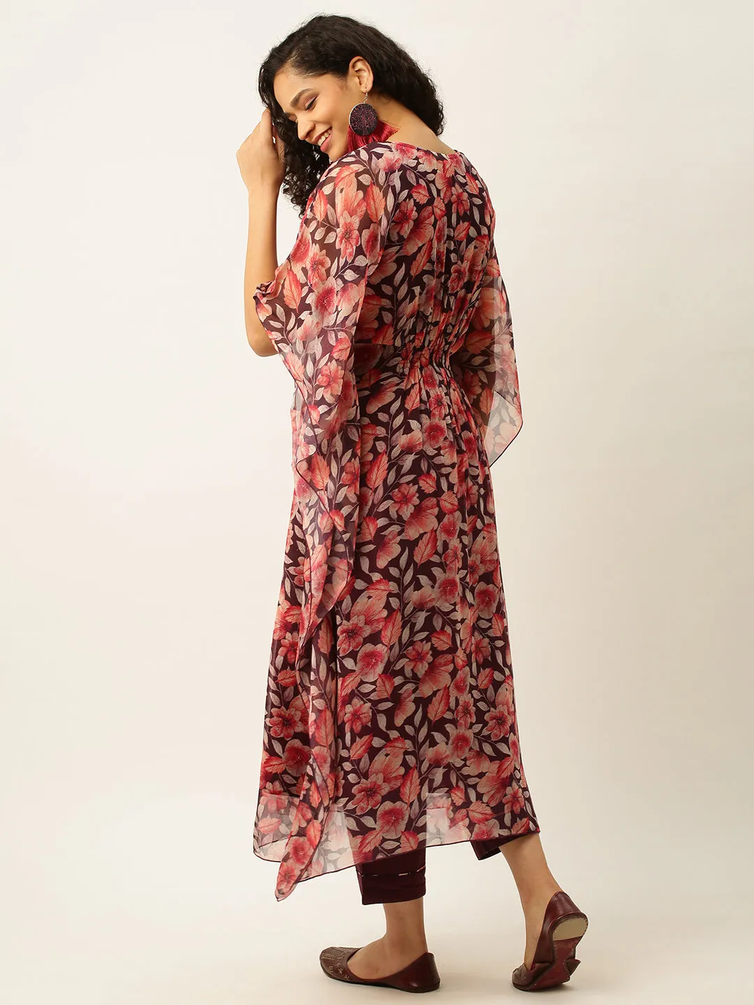 Exclusive V neck Georgette All Over Floral Print Multi Color Loose fit Kaftan Set For Women - ZOLA