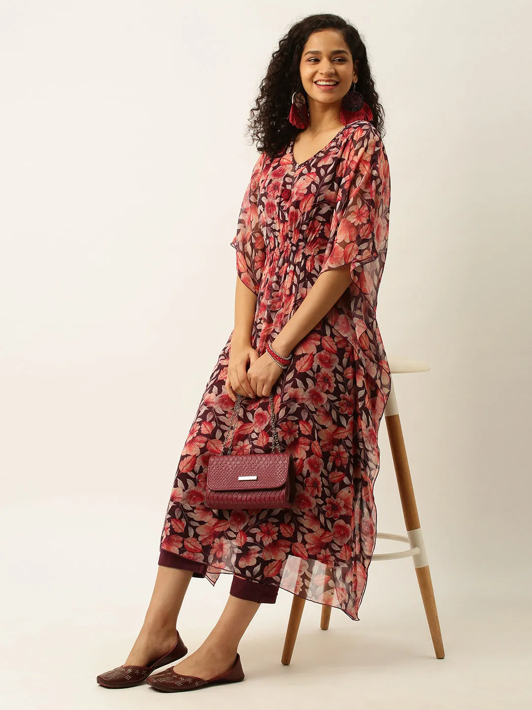 Exclusive V neck Georgette All Over Floral Print Multi Color Loose fit Kaftan Set For Women - ZOLA