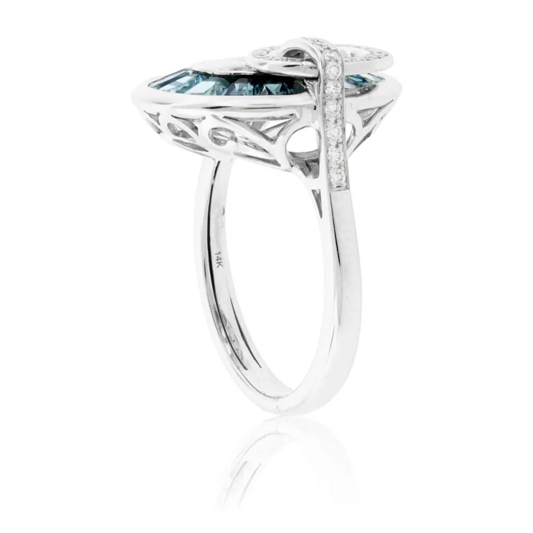 Fancy Cut London Blue Topaz with Diamond Double Circle Ring
