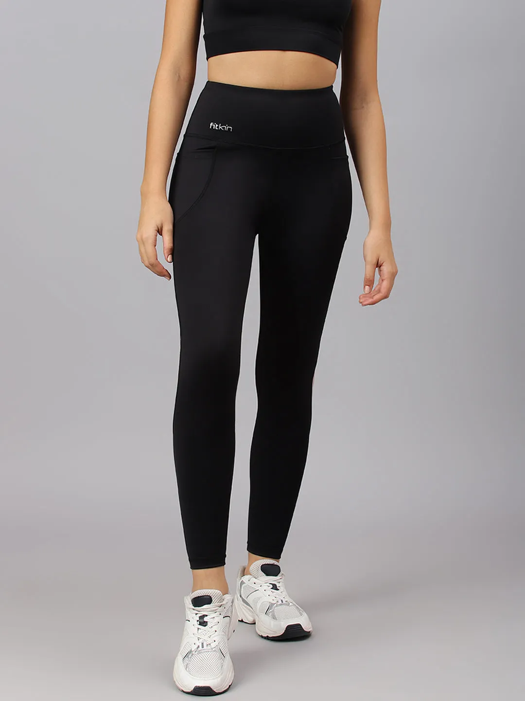 Fitkin Women's Black Colourblock High Waist Yoga Tights
