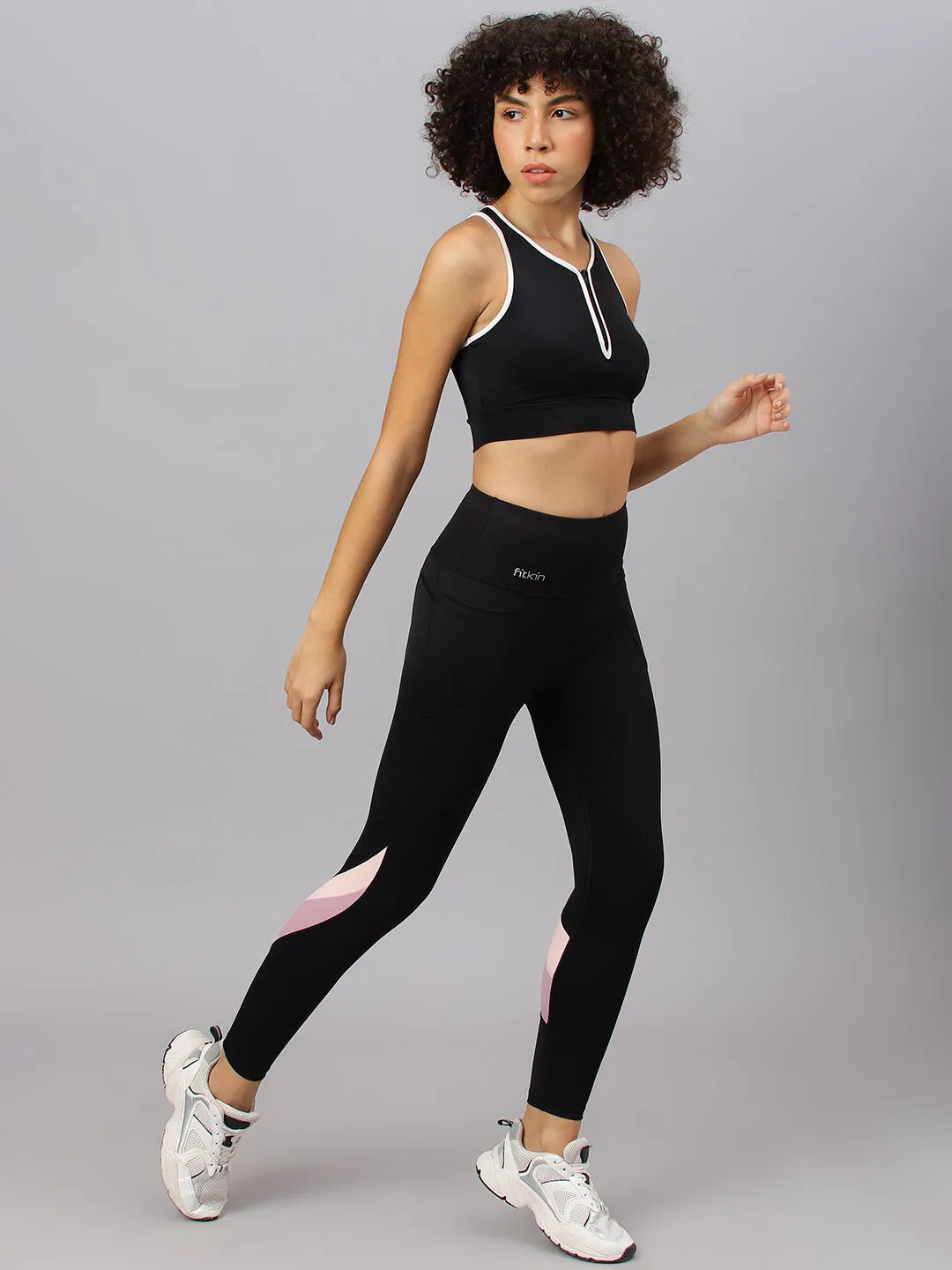 Fitkin Women's Black Colourblock High Waist Yoga Tights