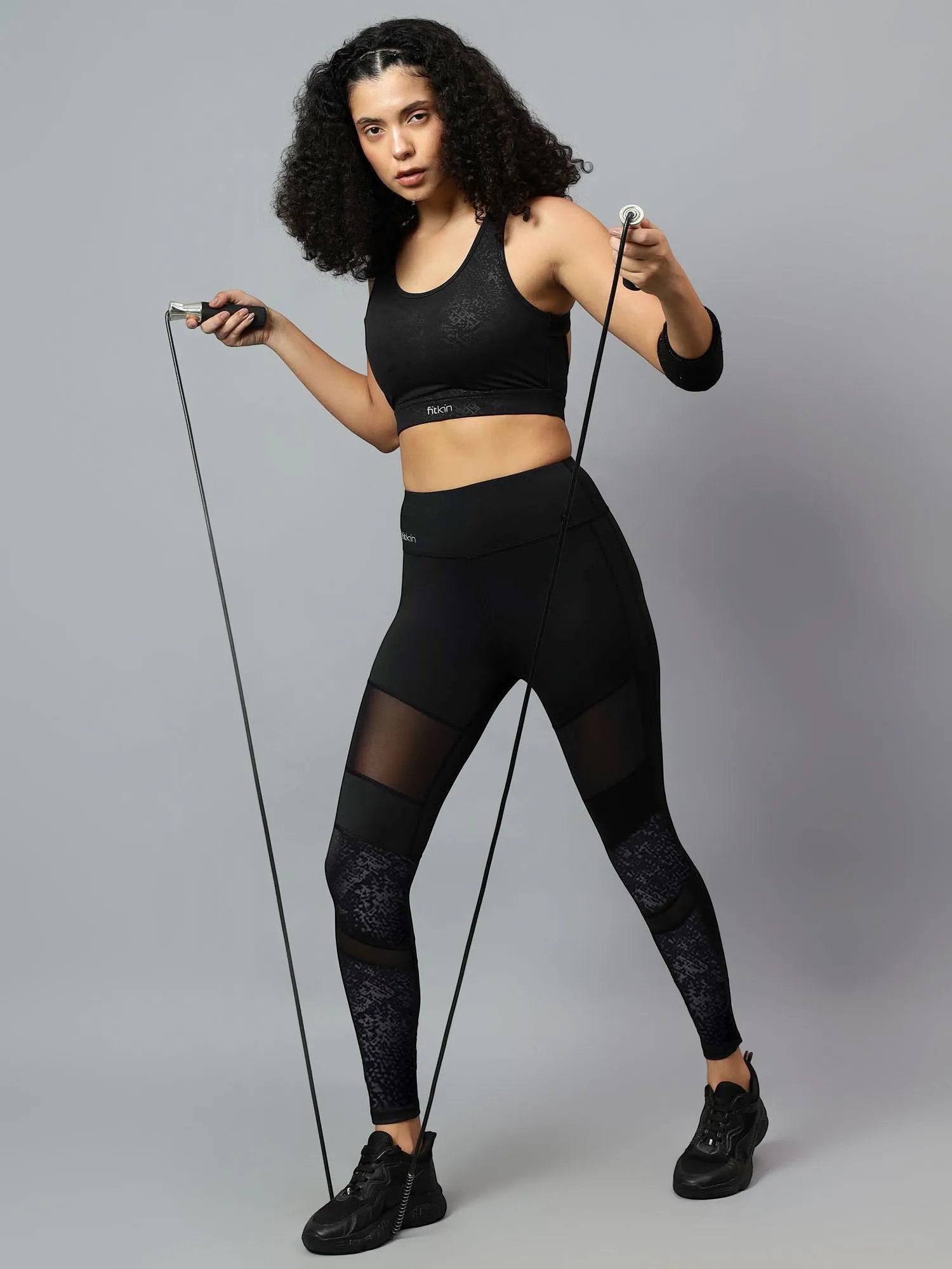 Fitkin Womens Black Mesh Biker Tights