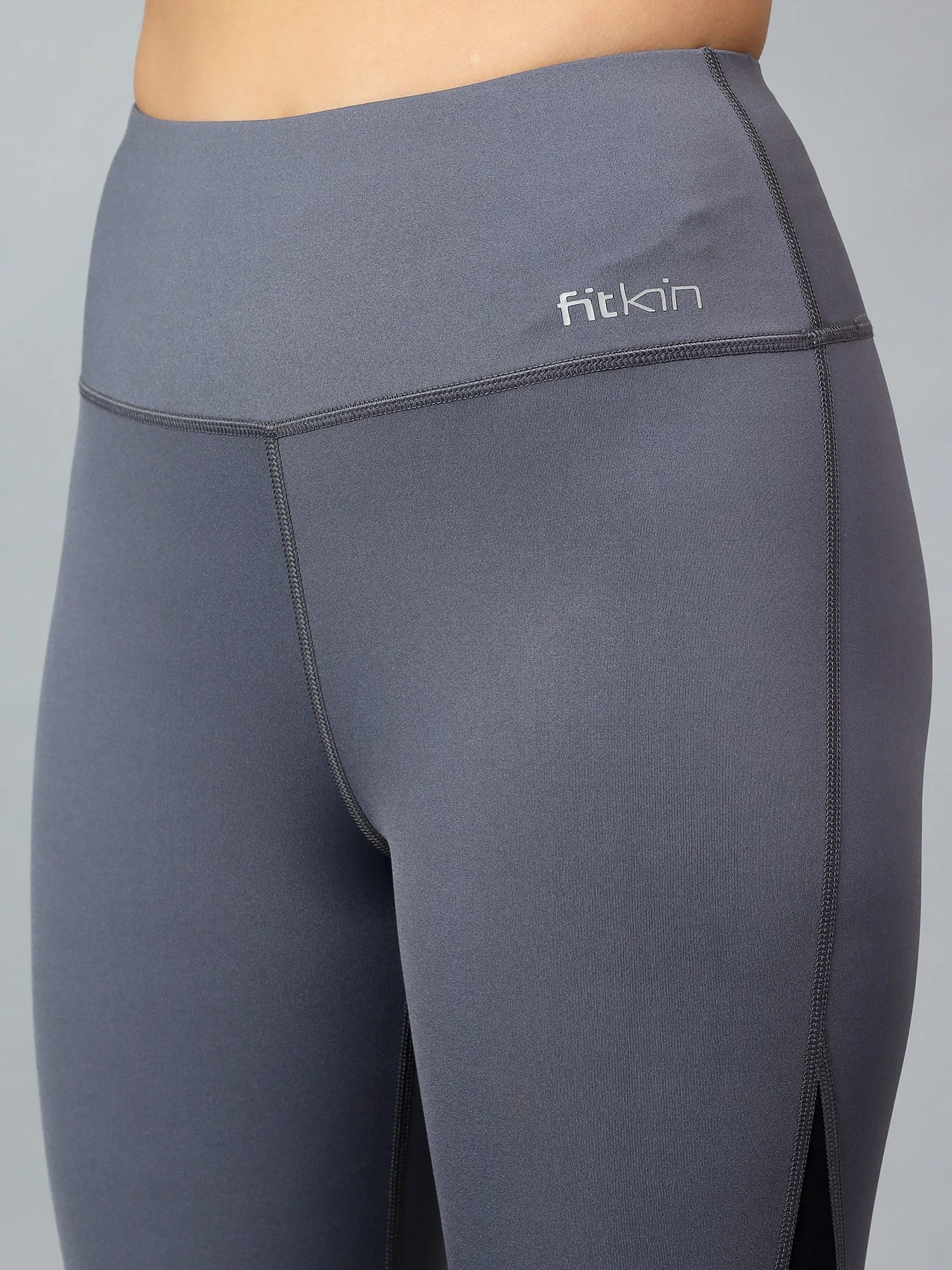 Fitkin Womens Grey Colorblock High Waist Curve Sculpting Tights