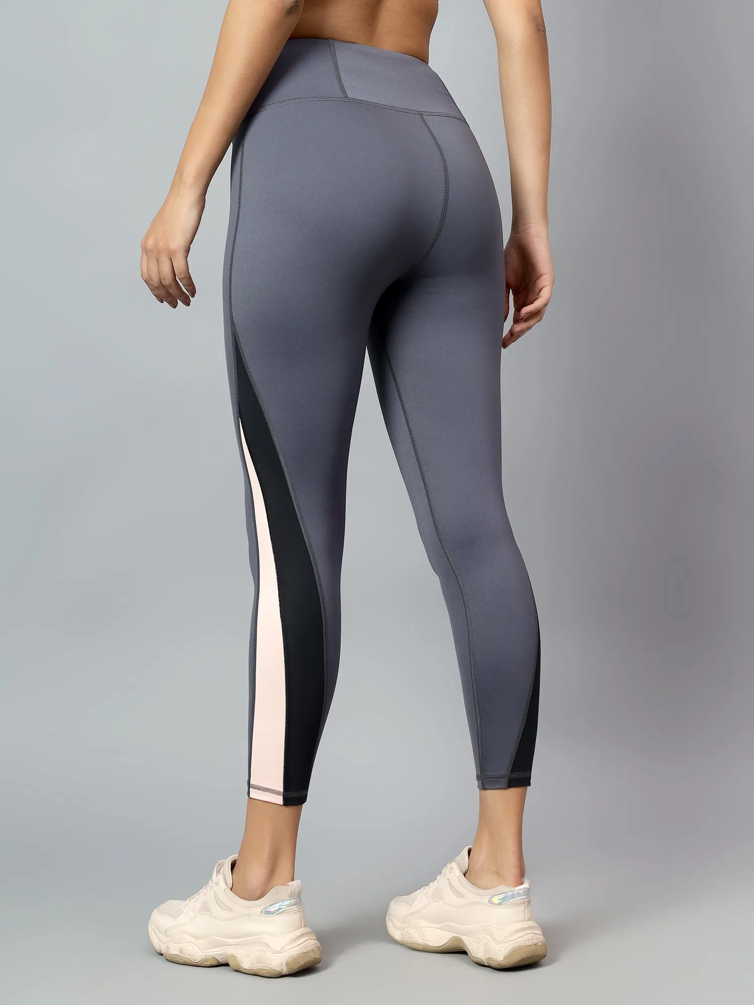 Fitkin Womens Grey Colorblock High Waist Curve Sculpting Tights