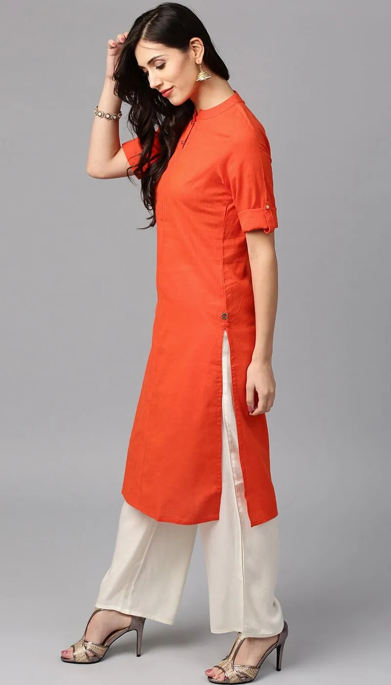 Flex Cotton Orange Colour Kurta with Offwhite Palazzo