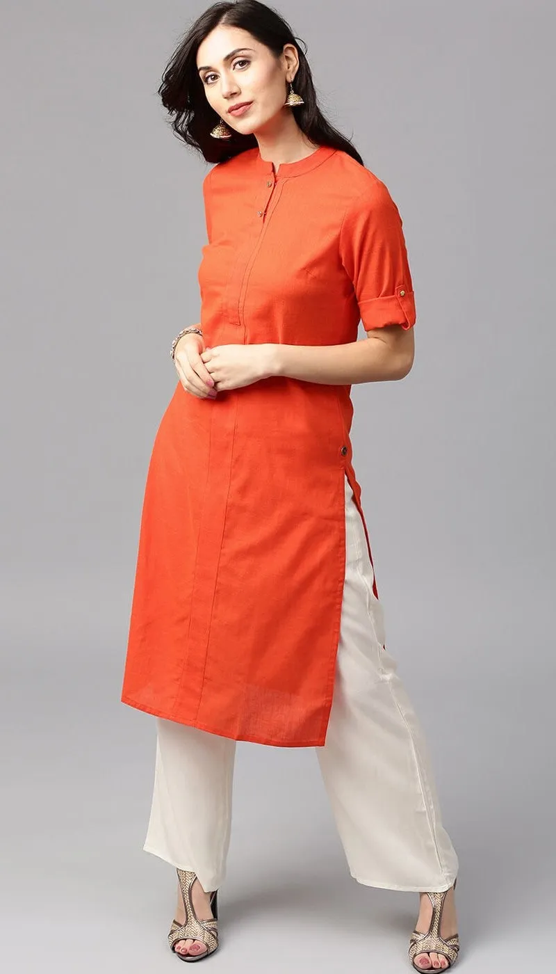 Flex Cotton Orange Colour Kurta with Offwhite Palazzo