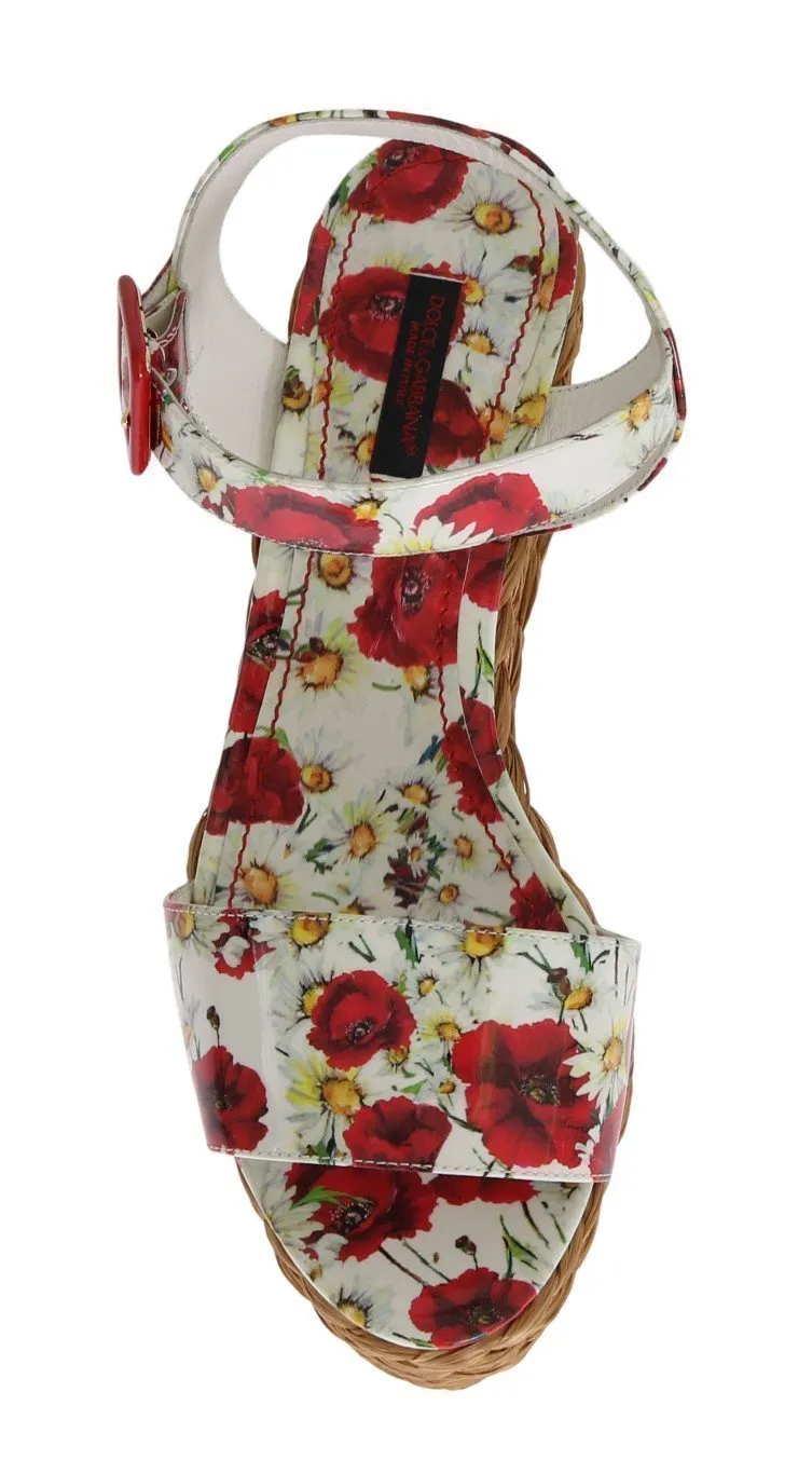 Floral Leather Straw Wedges Sandals