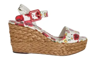 Floral Leather Straw Wedges Sandals