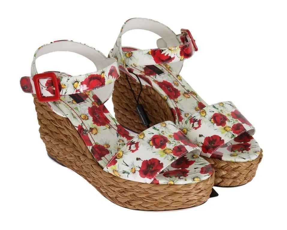 Floral Leather Straw Wedges Sandals