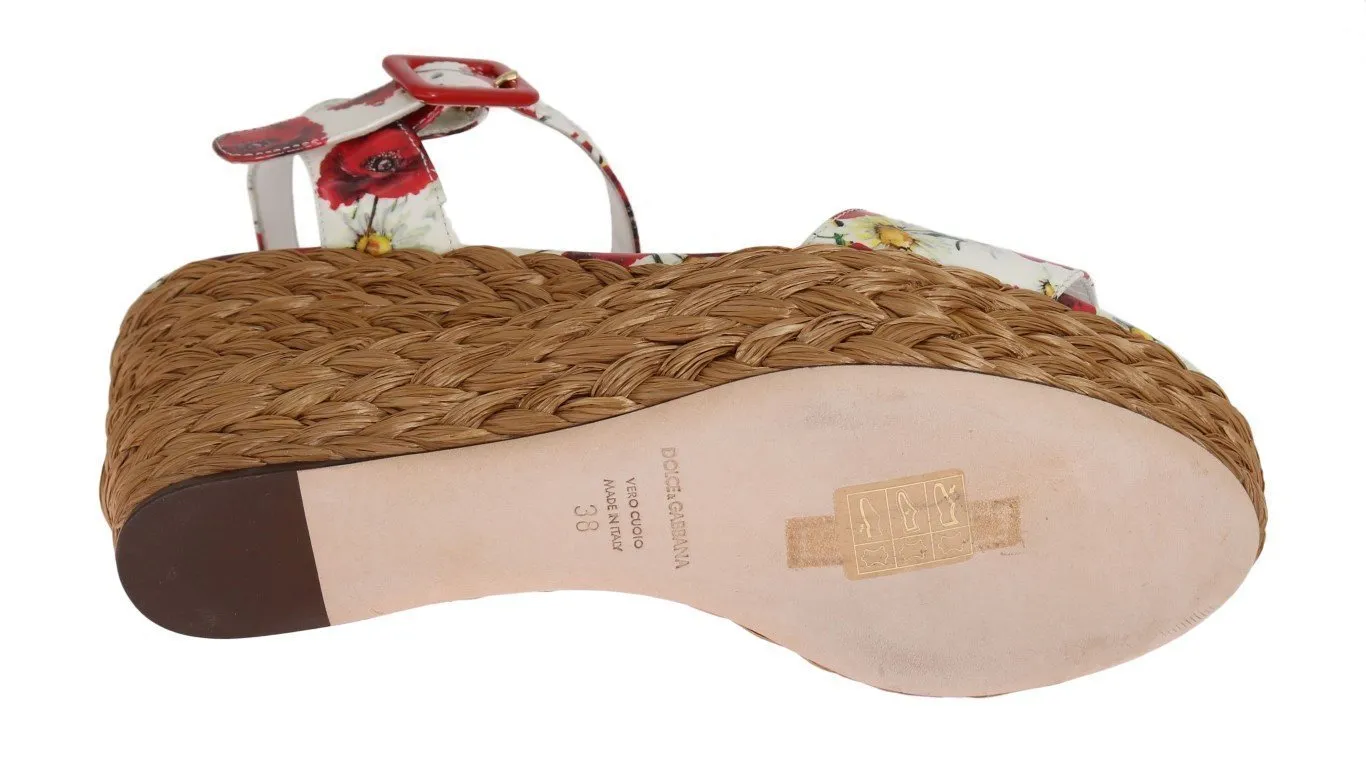 Floral Leather Straw Wedges Sandals