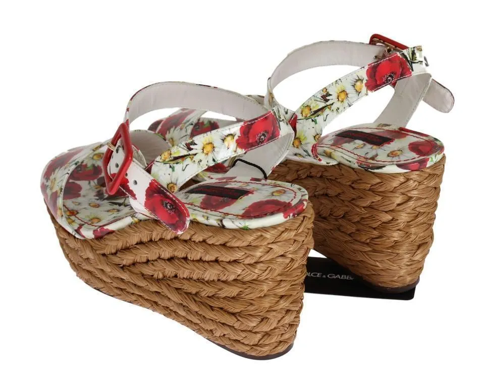 Floral Leather Straw Wedges Sandals