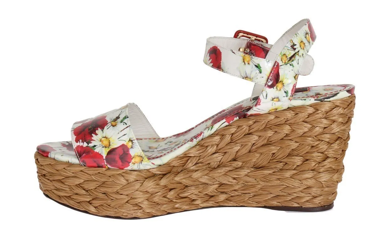 Floral Leather Straw Wedges Sandals