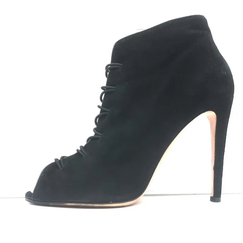 Gianvito Rossi Imperia Buttoned Ankle Boots Black Suede Size 41 Open Toe Heels